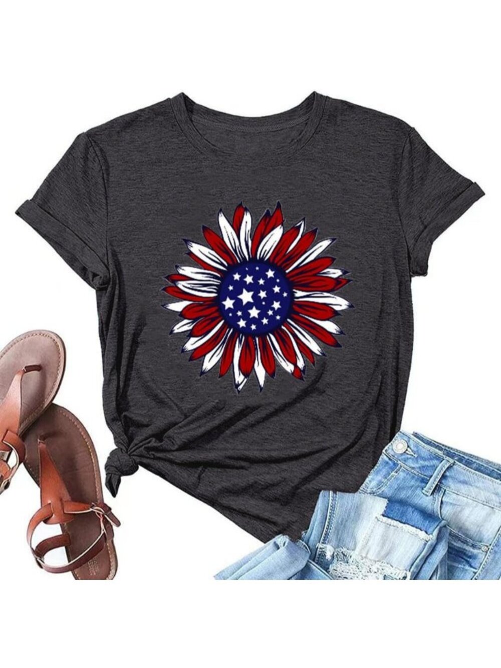 Women's Black Crew Neck Sunflower Graphic Vintage Short Stripe Tee Shirts Tops